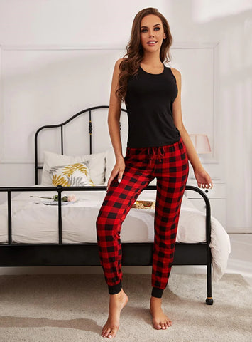 FASHION VEST PLAID PAJAMA TWO PIECE SUIT