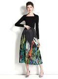 RETRO SQUARE NECK LONG SLEEVE TOP+PRINTED PLEATED SKIRT SUIT
