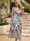 SILM WAIST V-NECK PRINTED LONG DRESS