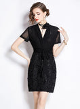 BLACK SEQUINED STITCHING SLIM DRESS