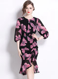 SLIM FLORAL LANTERN SLEEVES DRESS