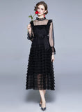 RETRO STAND-UP HORN LONG SLEEVE GAUZE DRESS