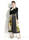 RETRO SQUARE NECK LONG SLEEVE TOP+PRINTED PLEATED SKIRT SUIT