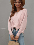 FASHION LOOSE SOLID COLOR FRINGED PULLOVER SWEATER