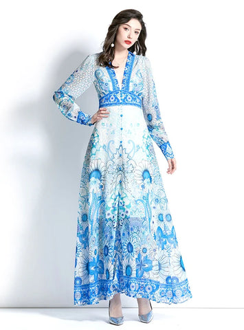 RETRO DEEP V-NECK LANTERN SLEEVE PRINTED DRESS