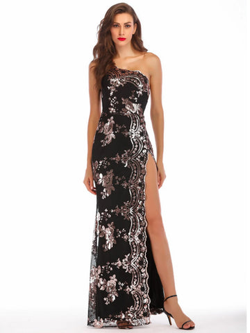 ONE-SHOULDER BACKLESS SLIT SEQUINED DRESS
