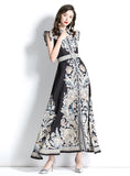 PALACE STYLE LAPEL SLEEVELESS PRINT LONG DRESS