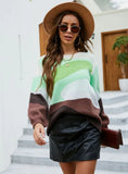 CLASSY SPLICING LEISURE ROUND NECK GREEN LONG-SLEEVED SWEATER