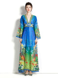 LONG-SLEEVED V-NECK FLARED SLEEVE PRINTED DRESS