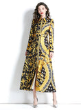 RETRO LAPEL LANTERN SLEEVE LONG PRINTED DRESS