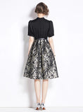 RETRO STITCHING FAKE JACQUARD V-NECK SHORT-SLEEVED DRESS