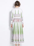ROUND NECK LONG SLEEVE PLEATED PRINTED DRESS