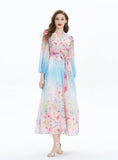 Lantern Sleeve Printed V-neck Chiffon Ruffled Dress