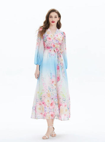 Lantern Sleeve Printed V-neck Chiffon Ruffled Dress