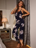 FASHION LADIES SUSPENDER MESH V-NECK PRINTED PAJAMAS SET