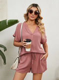 SOLID COLOR V-NECK LOOSE T-SHIRT SHORTS SUIT