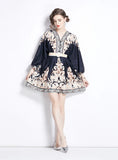 RETRO PRINTED V-NECK SHORT DRESS