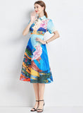 PRINT PLEATS SHORT SLEEVE DRESS
