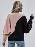 FASHION BAT SLEEVE COLOR MATCHING ROUND NECK SWEATER