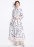RETRO PRINTED LAPEL LONG SLEEVE DRESS