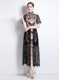 LACE STITCHING PRINTED SHORT SLEEVE DRESS