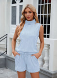 HIGH NECK SLEEVELESS VEST DRAWSTRING POCKET SHORTS SUIT