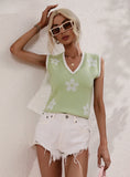 CLASSY PRINTED V-NECK SLEEVELESS FLOWERS SWEATER