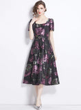 PURPLE SQUARE COLLAR JACQUARD DRESS