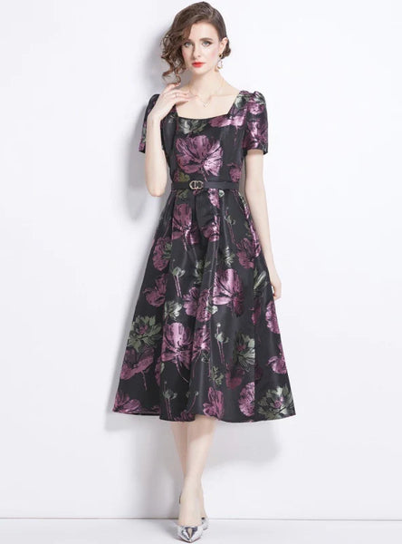 PURPLE SQUARE COLLAR JACQUARD DRESS