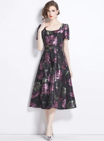 PURPLE SQUARE COLLAR JACQUARD DRESS