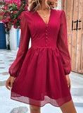 HOLLOW LONG SLEEVE V-NECK DRESS