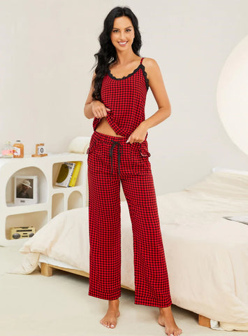 FASHION SUMMER PLAID SUSPENDERS PANTS PAJAMAS