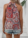 SLEEVELESS TASSEL PRINT HALTER TOP