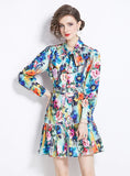 RETRO PRINTED SLIM LONG-SLEEVED DRESS