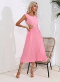 HOLLOW WAIST PLEATED SLEEVELESS BIG SWING DRESS