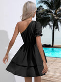 OBLIQUE SHOULDER BUBBLE SLEEVE DRESS