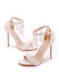 WHITE FRINGED LACE STILETTO SANDALS WEDDING SHOES