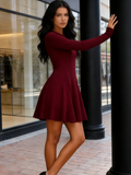 Burgundy Long Sleeve Crew Neck Ribbed Knit Fit Flare A Line Dress