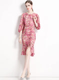 FISHTAIL FLORAL LANTERN SLEEVE SLIM DRESS