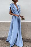 V Neck Long Ruffles High Waist Party Dress