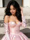 Pink Sweetheart Satin A Line Long Sleeve Homecoming Dress