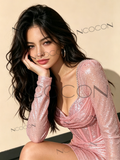 Pink Long Sleeve Square Beading Sheath Column Homecoming Dress