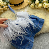 Luxurious Feather Trim Embellished Denim Bustier Top