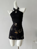 Black Hollow Print Short Mini Cocktail Dress