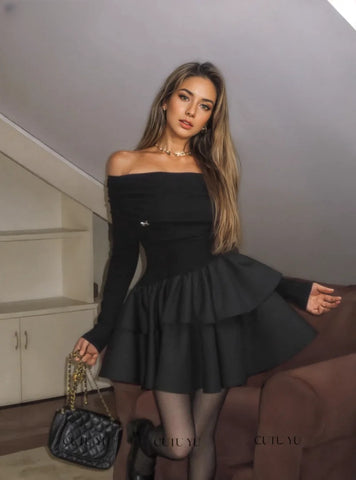Flattering Layers Off-Shoulder Black Mini Dress