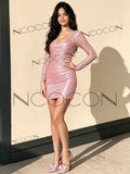 Pink Long Sleeve Square Beading Sheath Column Homecoming Dress