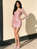 Pink Long Sleeve Square Beading Sheath Column Homecoming Dress
