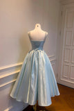 French Retro Beaded Straps Pastel Blue Satin Princess Prom Dress