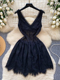White Lace V Neck Sheer Summer Mini Dress