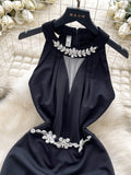 Crystal Embellishments Black Halter Neck Dress